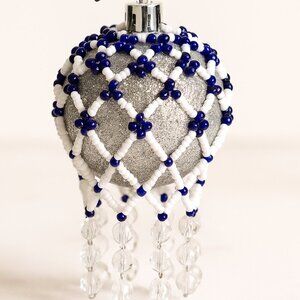 Beaded Ornament Cover – Blue & White with Crystal Drops for Holiday Decor
